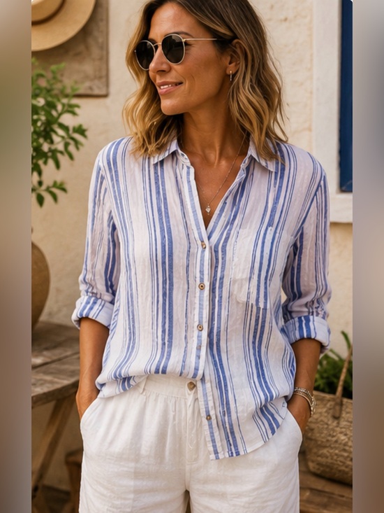 Jones New York Tops - JNY Jones New York 100% Linen Blue White Striped Button Up Shirt Large